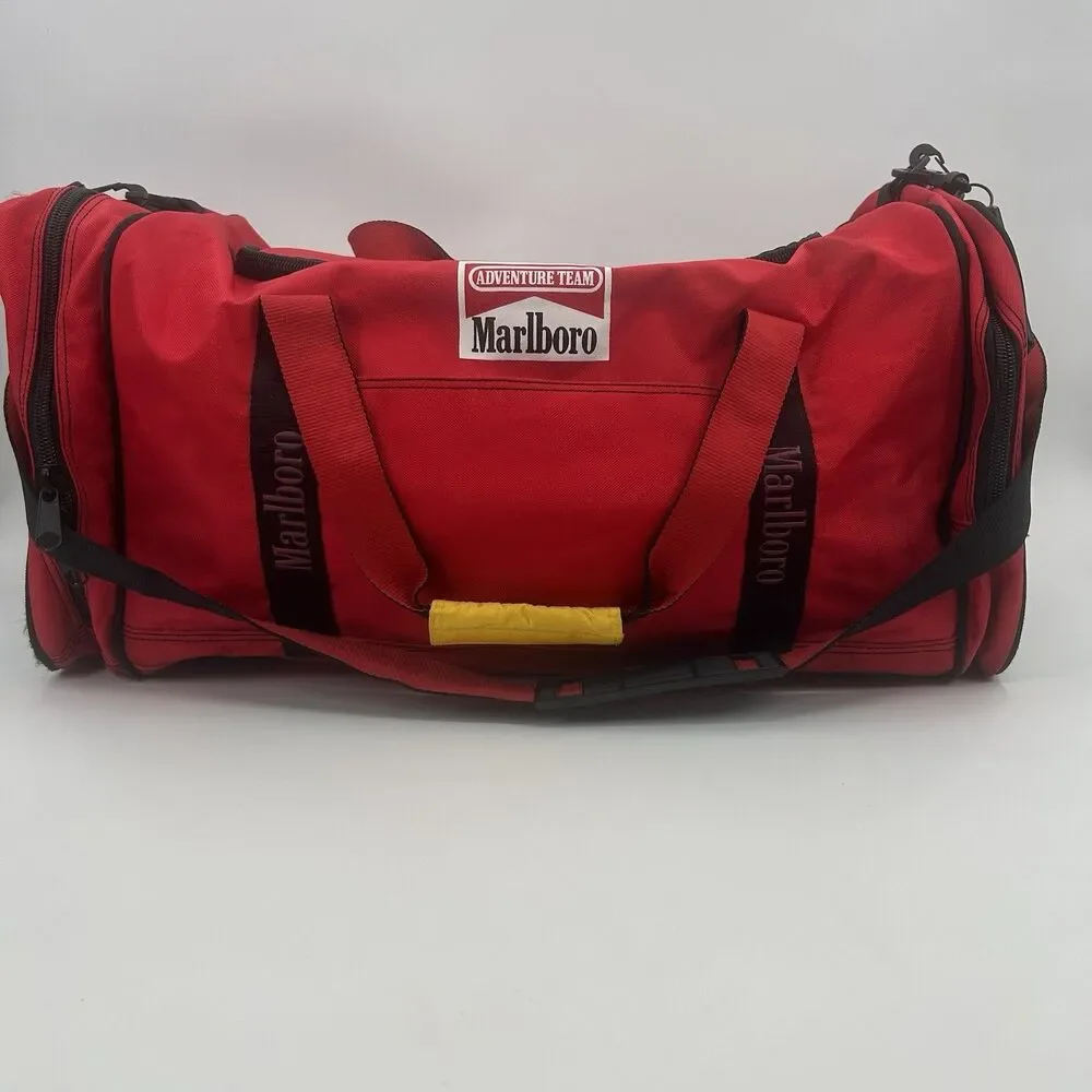 Marlboro Adventure Team Red Black Yellow Duffle Bag Pockets Adjustable Strap VTG